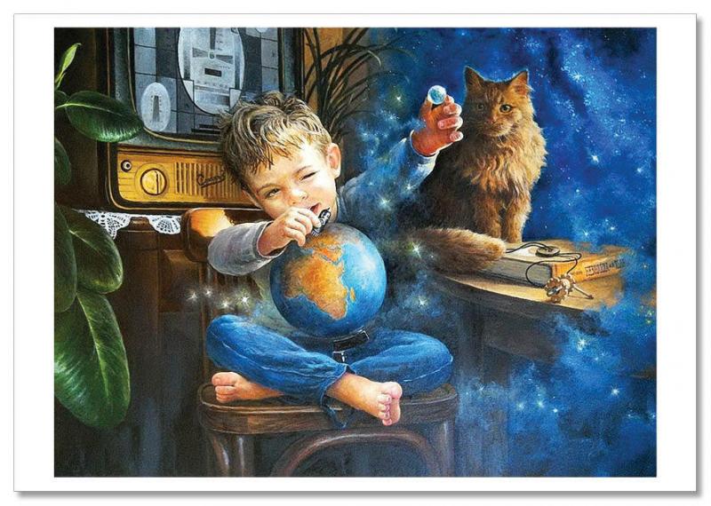 Little Boy with Globe Space Cosmos and Red Cat New Russia Modern Postcard