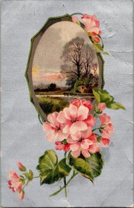 Country Scene Vintage Postcard C1915 Printed in Saxony Textured Floral