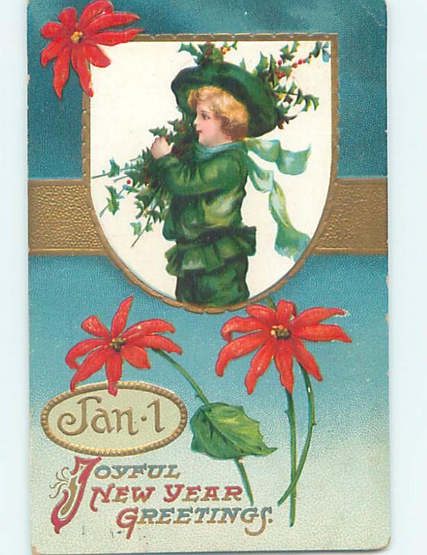 Pre-Linen new year GIRL ALL DRESSED IN GREEN CARRIES HOLLY BRANCHES HQ8187