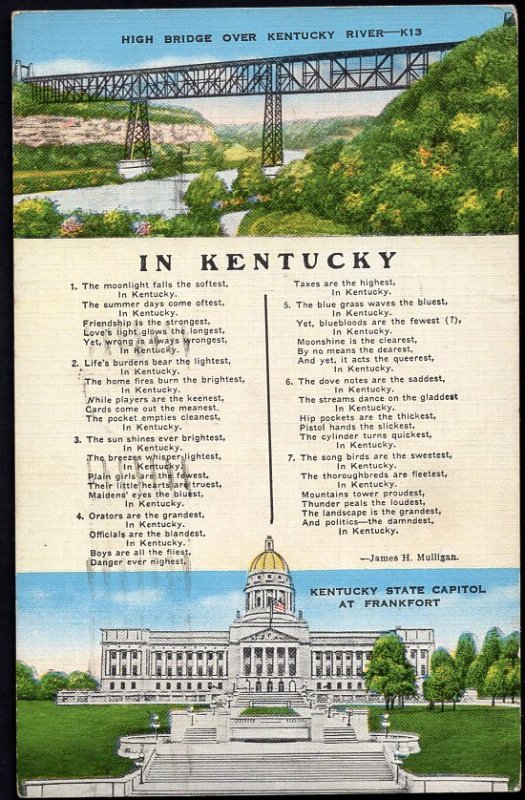 41620) IN KENTUCKY High Bridge Kentucky River State Capitol Poem pm1947 - LINEN