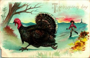 Raphael Tuck Thanksgiving Day Series Chasing Turkey Embossed 1910s Postcard