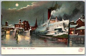 East Boston Massachusetts c1905 Postcard Ferry Slip At Night Steamship