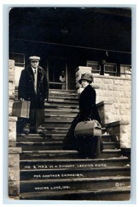 1912 Mr & Mrs Billy Sunday Leaving Room Winona Lake IN RPPC Photo Postcard