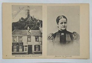 Bad Godesberg Aennchen-Haus und die Godesburg Porträt von Aennchen 2 Postcard T7