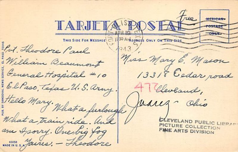 Juarez, Mexico, Bull Fighting 1943 light postal marking on front