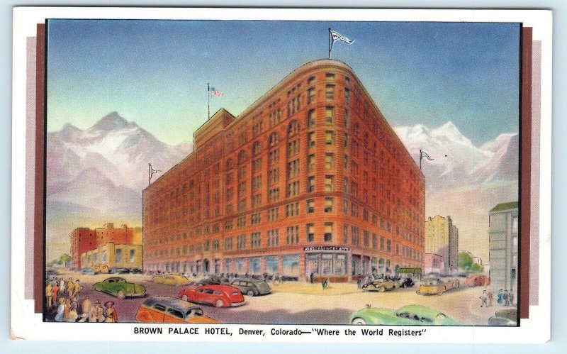 DENVER CO Colorado BROWN PALACE HOTEL Street Scene c1940s Cars