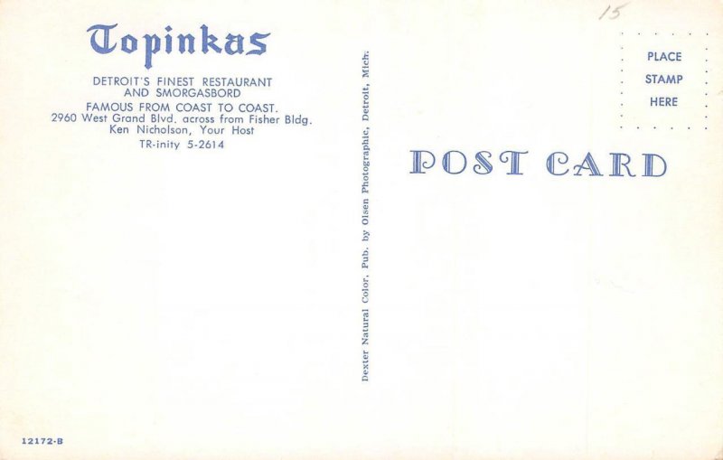 TOPINKAS Detroit, Michigan Restaurant Roadside ca 1950s Chrome Vintage Postcard
