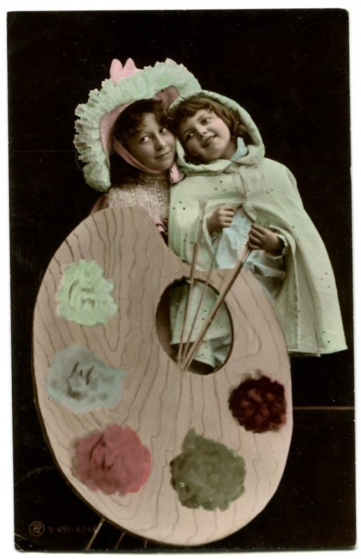 Vintage French RPPC. Hand tinted. Two children with large painter's palette