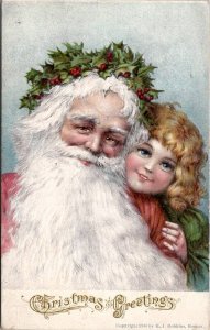 Santa Claus Christmas U/S Frances Brundage Girl Holly Wreath Crown Postcard Z16