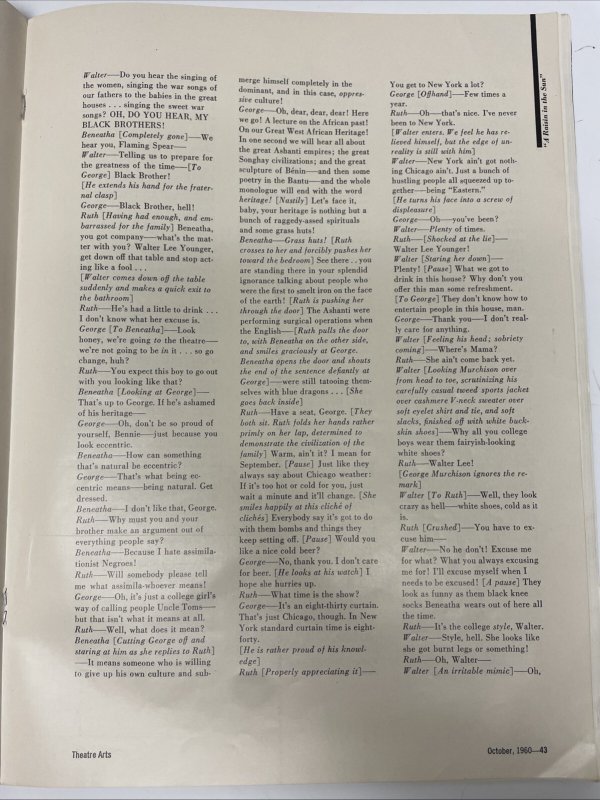 A Raisin in the Sun Play by Lorraine Hansberry, October 1960 Program