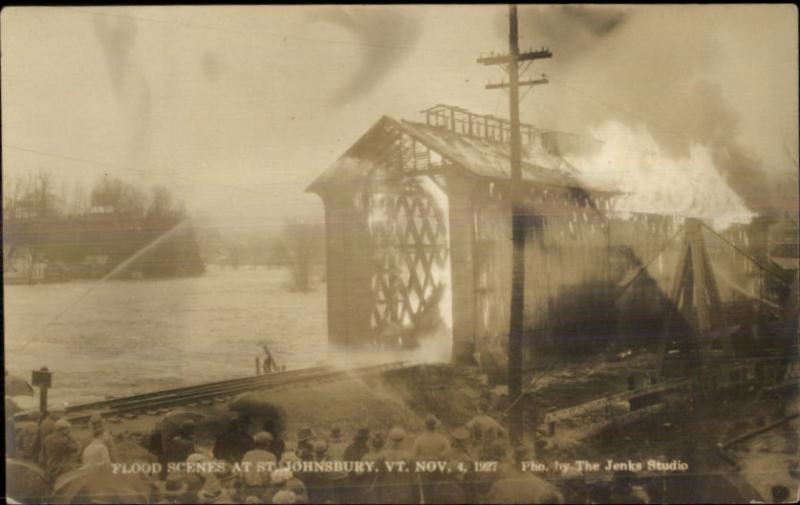 St. Johnsbury VT Burning Covered Bridge 1927 Real Photo Postcard dcn