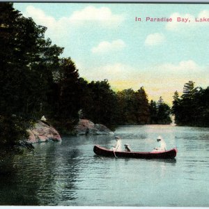 c1910s Lake George, NY Paradise Bay Canoe PC Scenic Women Girl Dog Row Boat A323