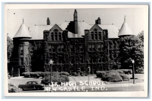 New Castle Indiana IN Postcard RPPC Photo Jr. High School Building Car 1953