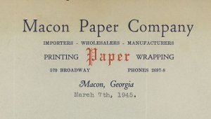 1945 Macon Paper Company 570 Broadway Macon GA Letter Printing Wrapping 312