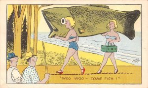 Vintage Exaggeration Comic  WOO WOO-SOME FISH!  Blondes~Bikinis~Men  Postcard