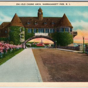 c1940s Narragansett Pier RI Old Casino Arch Berger Bro Linen Photo Postcard A234