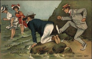 Seaside Weather Forecasts Men Spy on Bathing Beauty c1910 Vintage Postcard