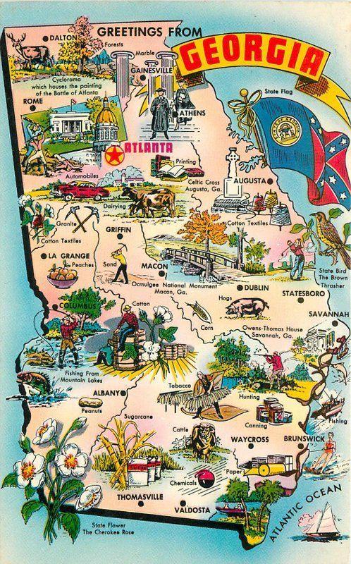 1960s Map Attractions Georgia Tichnor postcard 1322