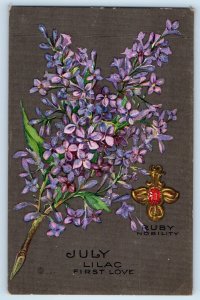 c1910's July Lilac Flowers First Love And Ruby Nobility Stone Embossed Postcard