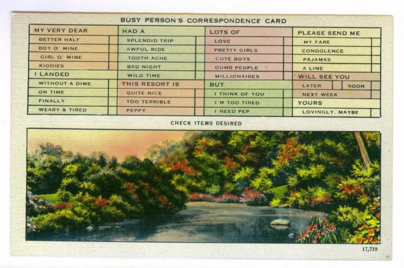 Busy Person's Correspondence Card, unused linen Colourpicture Postcard