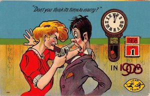 J78/ Interesting Postcard 1908 Leap Year Gun to Head Woman Man Clock 8