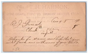 1891 TH Harmon Fine Cigars Tobaccos Smokers Lock Haven PA Antique Postal Card 