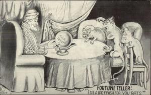 WWII Propaganda Uncle Sam Fortune Teller Hitler Mussonlili as Monkeys Postcard