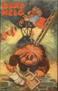 Swedish Fantasy Monsters Glad Helg GEERO Sweeping Coins Old Postcard