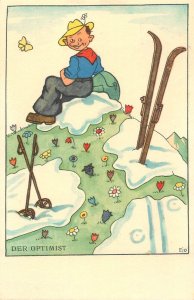 Optimistic skier caricature comic postcard signed Ejo 1938 Switzerland