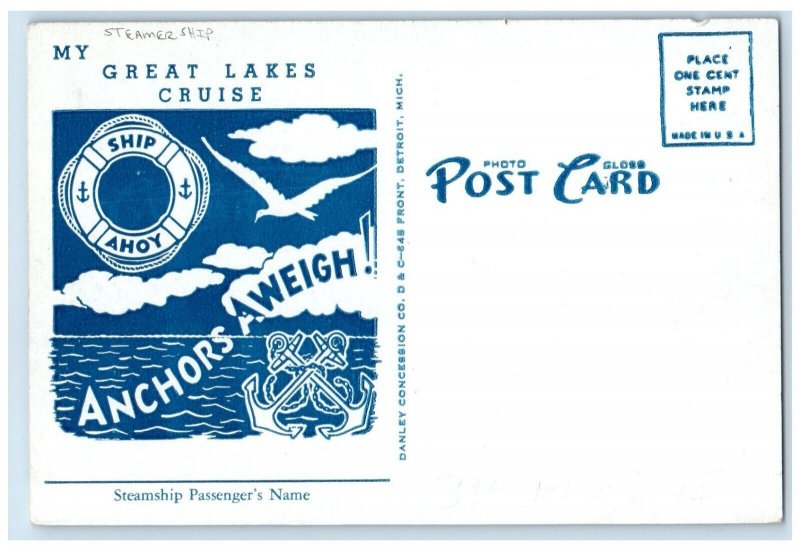 c1960 My Great Lakes Cruise Passenger Steamer Ship Detroit Michigan MI Postcard