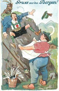 Bavarian types comic caricature falling man strong woman German humor postcard 