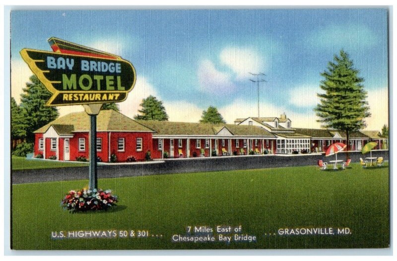 c1940 Bay Bridge Motel Restaurant Grasonville Maryland Vintage Antique Postcard