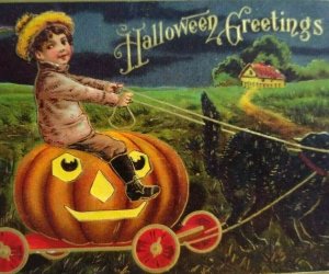 Halloween Postcard Child Rides Goblin Carriage Buggy Driven By Black Cat 1910