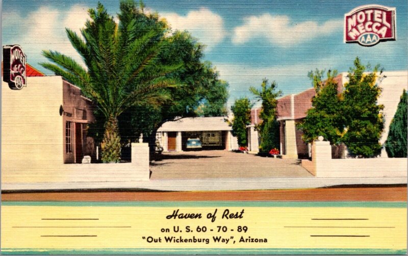 Linen Postcard Haven of Rest Motel Mecca US 60, 70, 89 in Wickenburg, Arizona