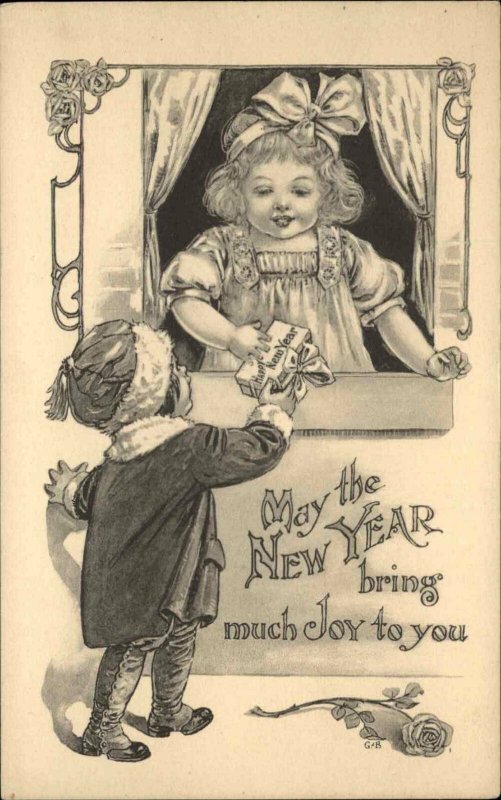 New Year Little Boy Brings Gift to Little Girl c1910 Vintage Postcard