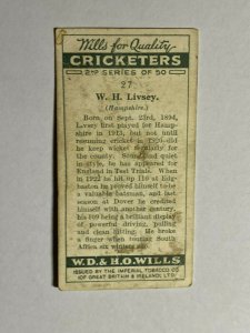 CIGARETTE CARD - WILLS CRICKETERS #27 W.H LIVSEY HAMPSHIRE    (UU99) 