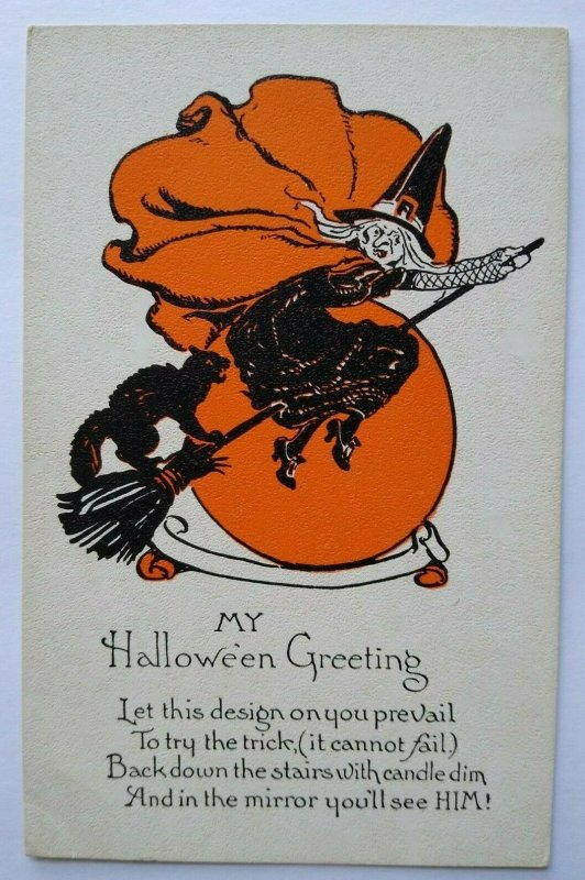 Vintage Halloween Postcard Metropolitan News 1133 Black Cat Witch Non Posted