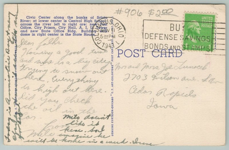 Columbus Ohio~Birdseye Downtown Civic Center~1940s Linen Postcard