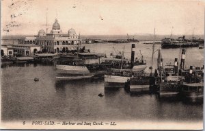 Egypt Port Said Harbour and Suez Canal Vintage Postcard C126