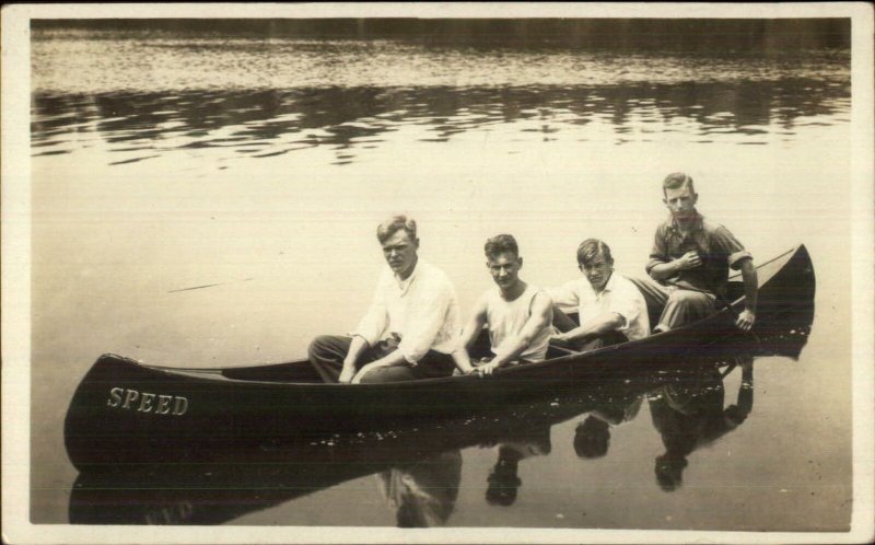 Young Men in Canoe w/ Name SPEED c1915 Real Photo Postcard CRISP IMAGE 