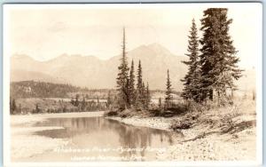 RPPC  JASPER NATIONAL PARK, Canada  ATHABASCA RIVER Pyramid Range 1938 Postcard