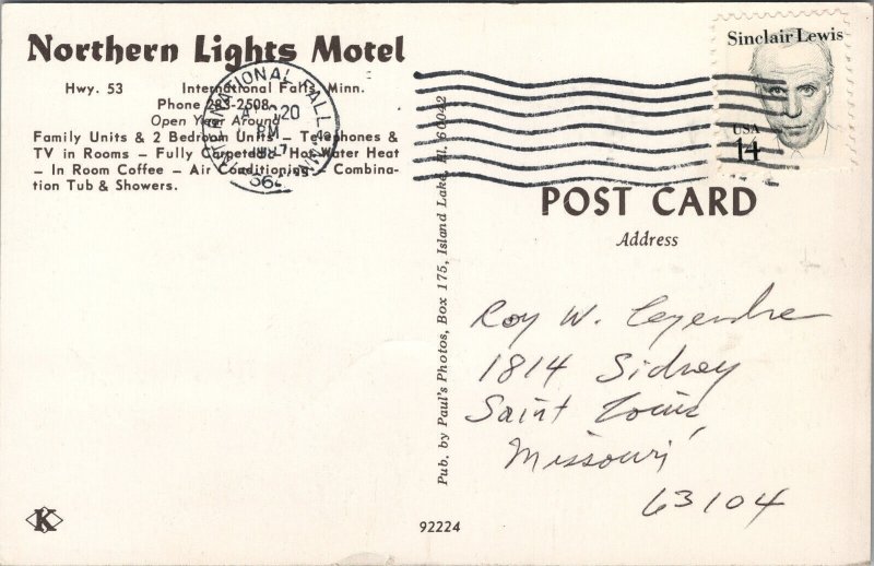 Northern Lights Motel International Falls Minnesota Postcard PC431