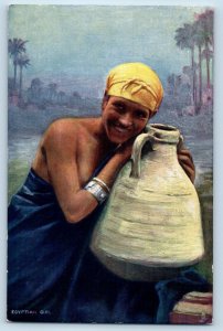 Egypt Postcard Girl with Jar Smiling in Picture c1910 Oilette Tuck Art