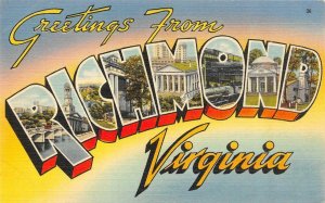 Large Letter Linen  VIRGINIA & RICHMOND Greetings  *TWO* c1940's Linen Postcards