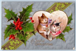Christmas Postcard Cat Kittens Heart Holly Berries Embossed Dolgeville NY c1910s