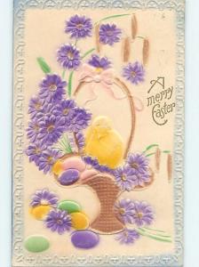 Pre-Linen easter art nouveau HEAVILY EMBOSSED - CHICK AND EGGS IN BASKET HL0786