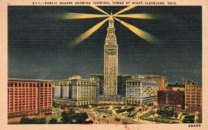 Vintage Postcard 1946 Public Square Showing Terminal Tower At Night Cleveland OH