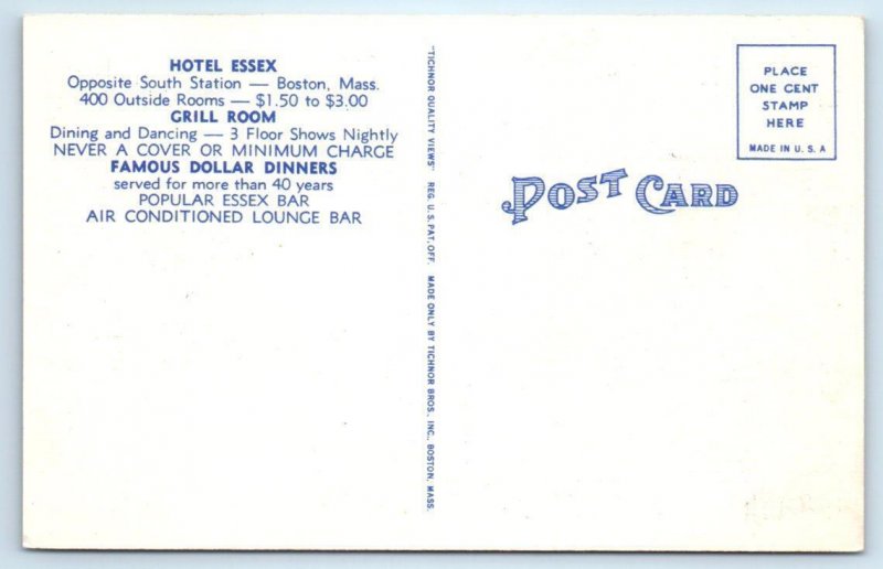 BOSTON, Massachusetts MA ~ Hotel Essex LOUNGE BAR ca 1940s Linen Postcard 