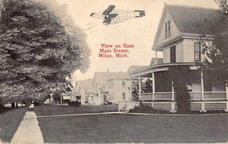 Milan Michigan Main Street Airplane over Residences Vintage Postcard JI657363