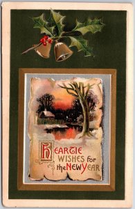 Heartie Wishes For The New Year, Winter House & Holy Leaf  w/ Bell, Postcard